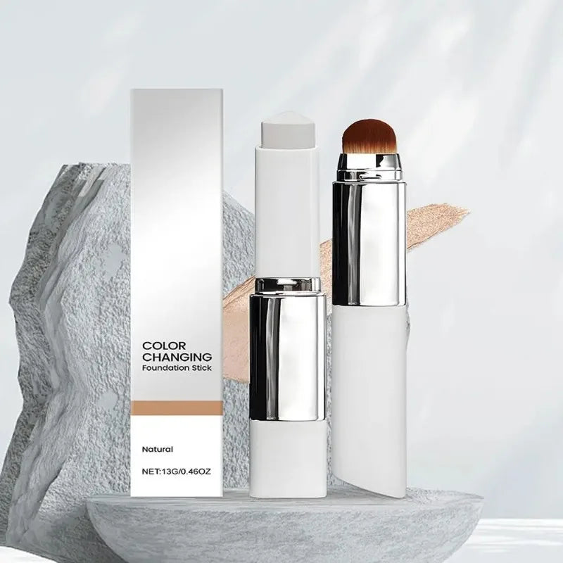 Foundation stick with integrated makeup brush and matching outer packaging box