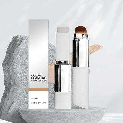 Foundation stick with integrated makeup brush and matching outer packaging box