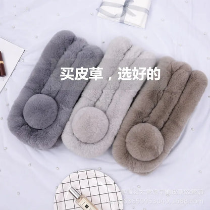 Three fluffy rabbit fur triple tube short scarves in dark gray, light gray, and brown, with pom-poms.