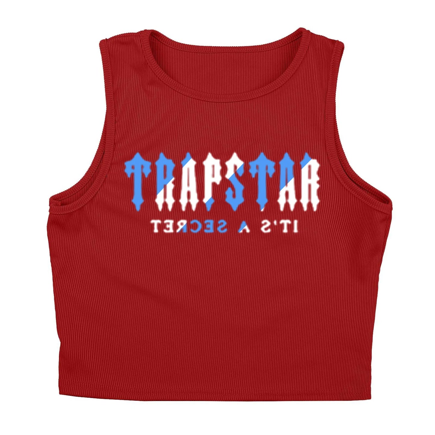Red ribbed knit sleeveless top with white and blue letter print, suitable for casual streetwear.