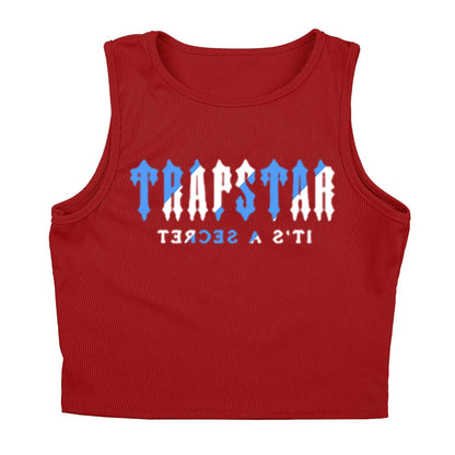 Red ribbed knit sleeveless top with white and blue letter print, suitable for casual streetwear.