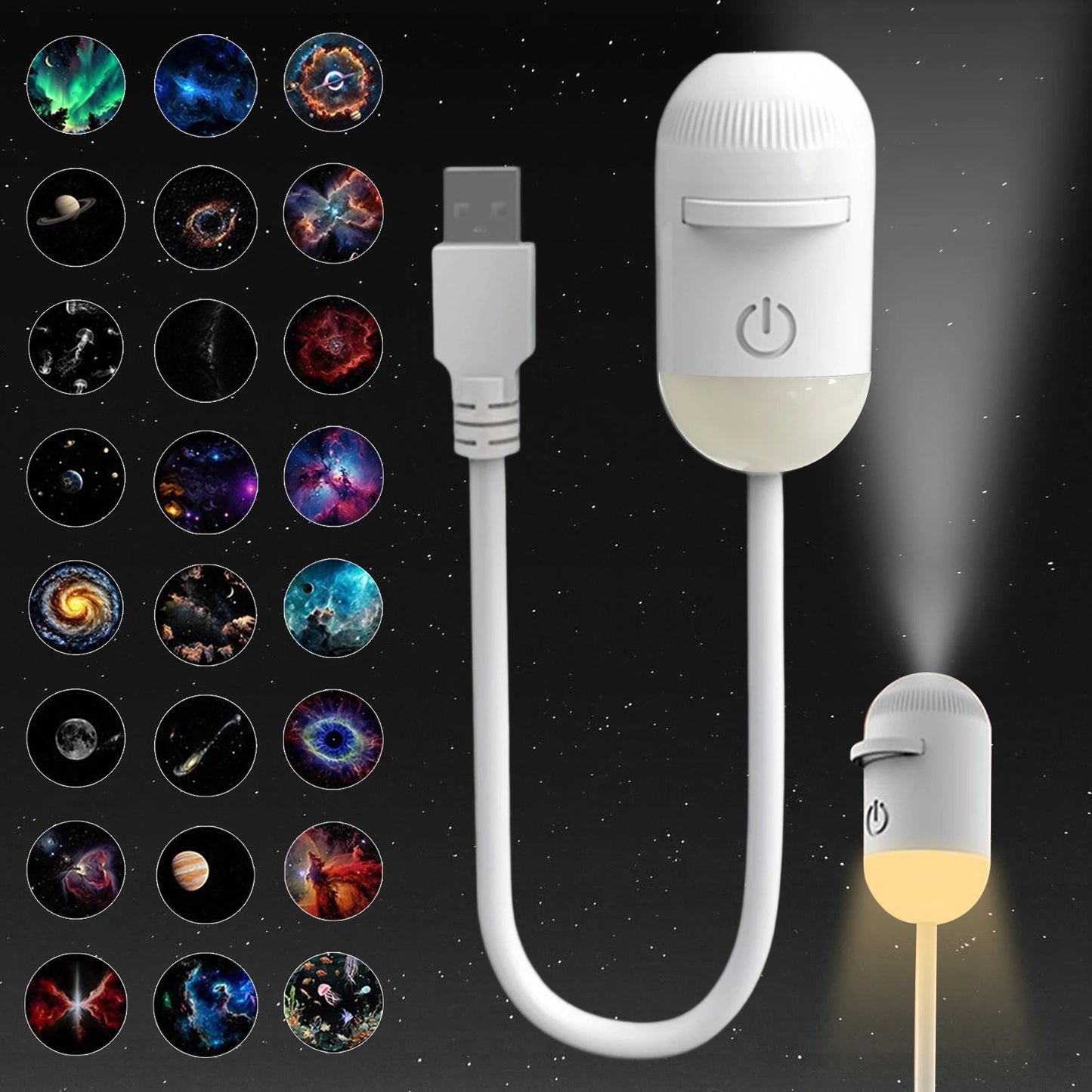 White portable LED galaxy star projector with USB connector for bedroom nebula ceiling projection.