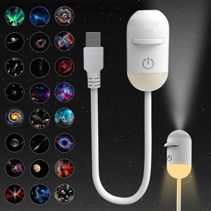 White portable LED galaxy star projector with USB connector for bedroom nebula ceiling projection.
