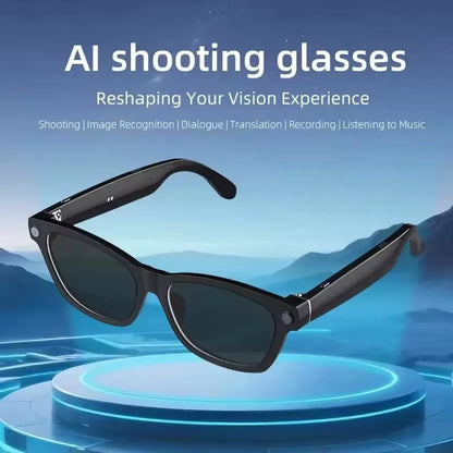 Black lightweight smart wearables with 8MP camera and sleek frame design for translation and photo capturing.