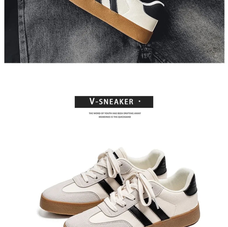 White and black canvas sneakers with brown gum soles, breathable casual training shoes for everyday wear.