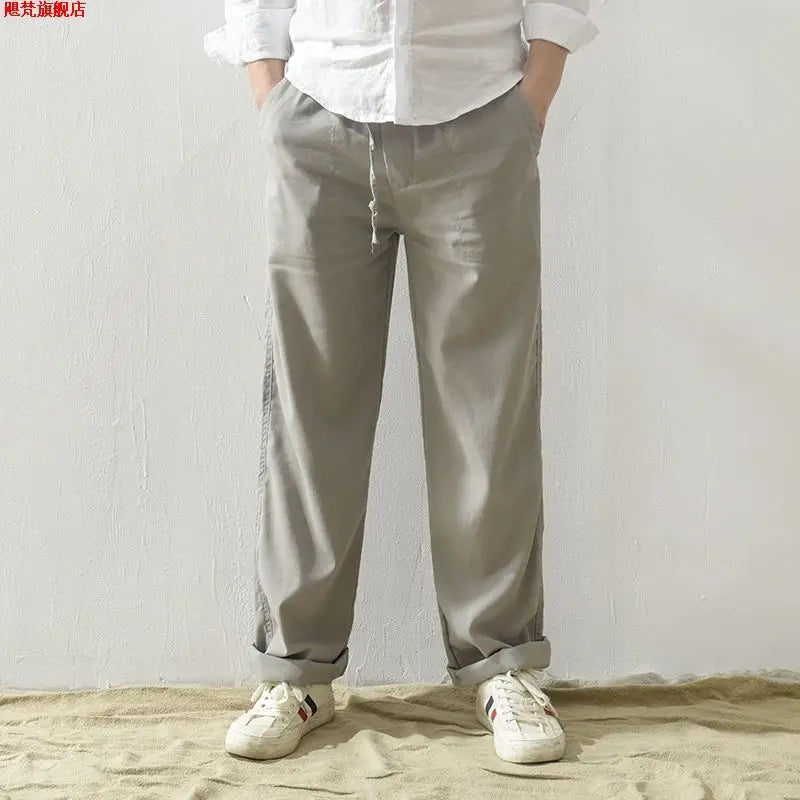 Men's Linen Pants With Wide Leg And Loose Fit With Drawstring Waist For Lightweight Breathable Comfort