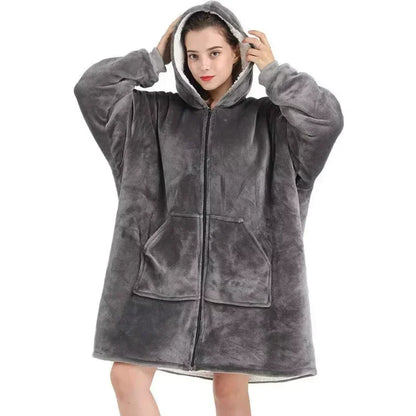 Unisex Fleece Hoodie Sweatshirt Blanket With Front Zipper And Deep Pockets In An Oversized Wearable Design