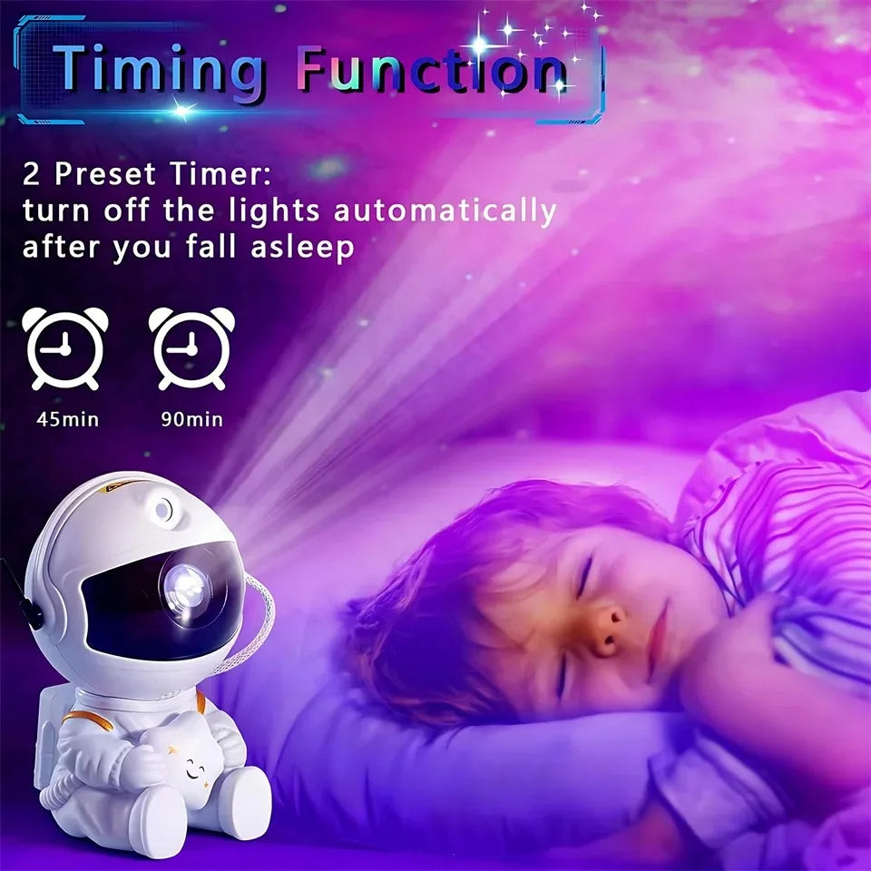 White plastic astronaut LED ceiling lamp with timer projecting galaxy lights for a child sleeping in a bedroom.