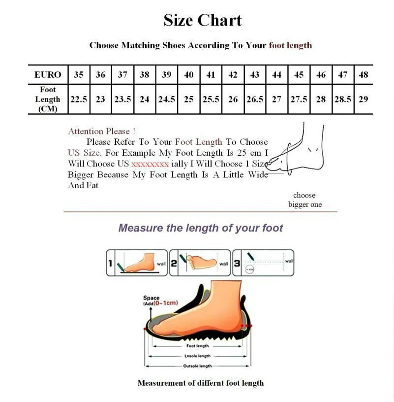 Size chart and foot measurement instructions for shoes.