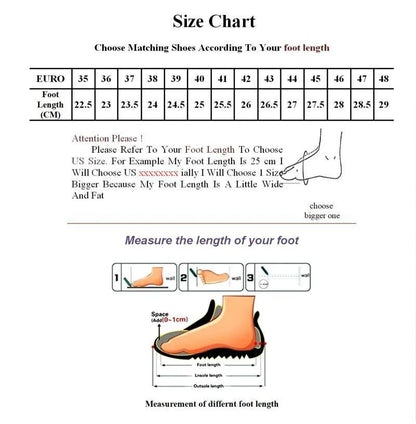 Size chart and foot measurement instructions for shoes.