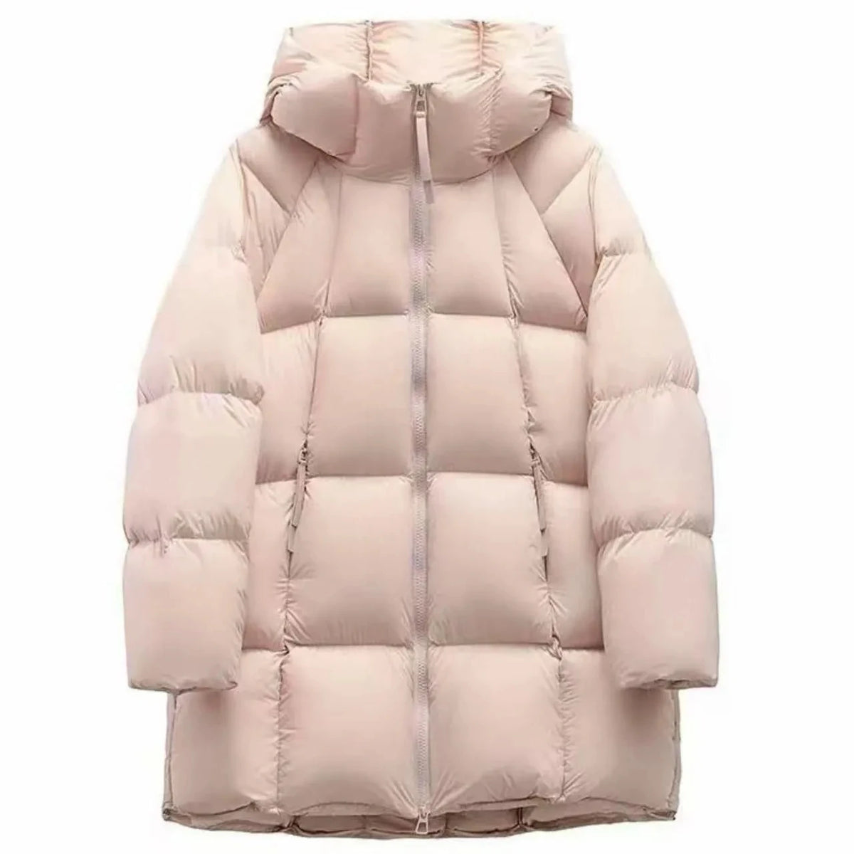 Women's long puffer hooded jacket with pockets