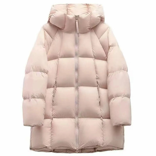 Women's long pink puffer hooded jacket with front zipper and pockets