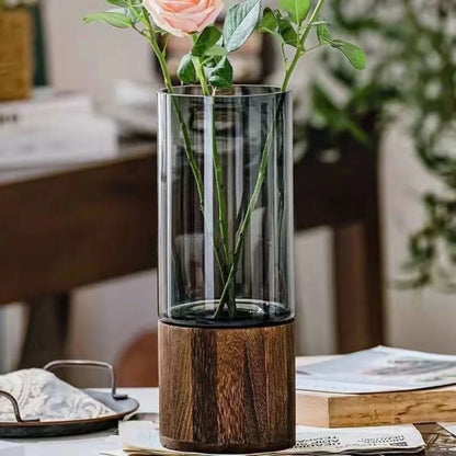 Crystal Glass Vase With Solid Wood Base In Modern Style With Slim Profile For Centerpiece Display