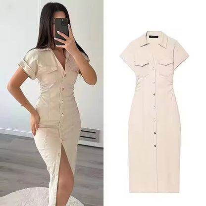 Denim Midi Dress - Women's Ruched Short Sleeve Casual Streetwear Dress