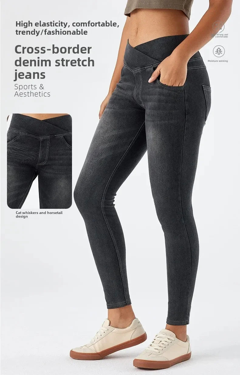 Cross Waist Yoga Jeans High Waist Skinny Ankle Length With Pockets