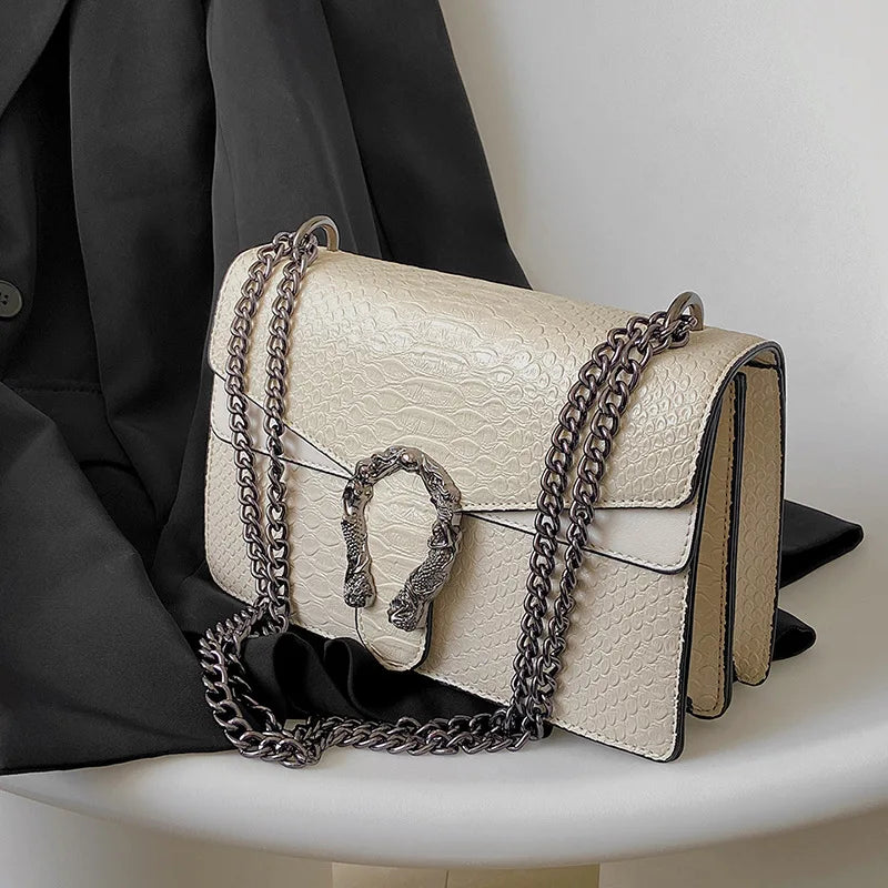 Retro Crossbody Bag with Snake Pattern Square Silhouette for Women