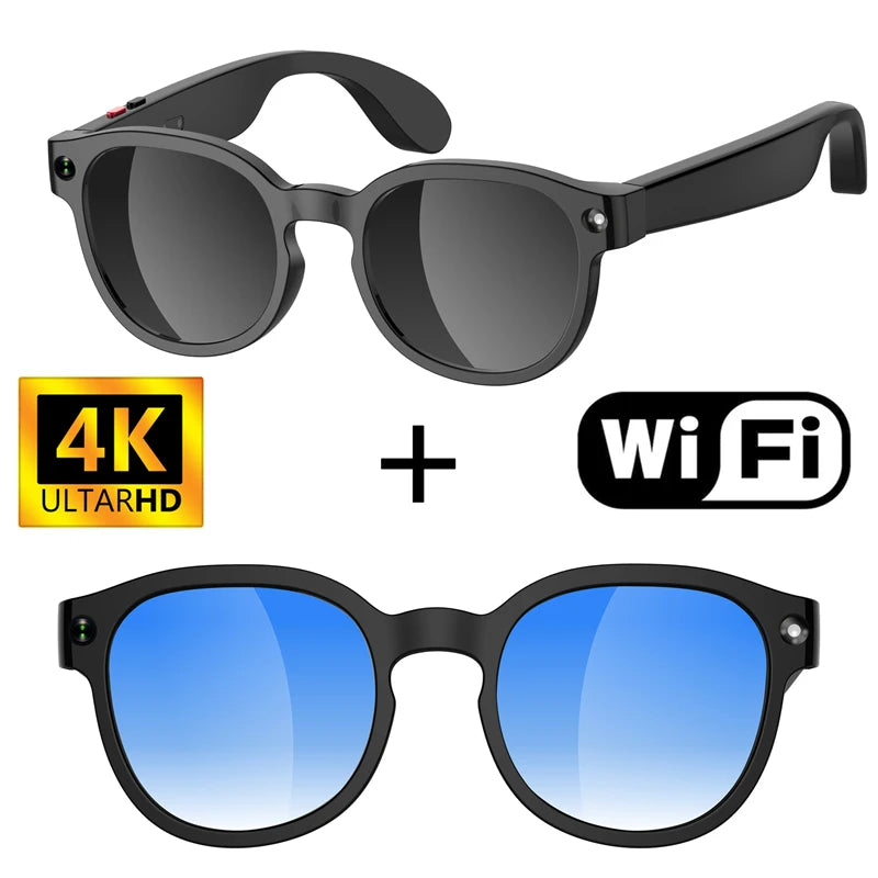 Black lightweight smart wearables with an 8MP camera and blue gradient lenses for real-time translation and recording.
