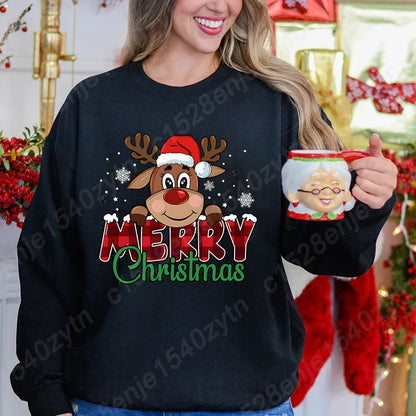 Women’s Christmas Reindeer Sweatshirt Loose Fit Polyester Cotton