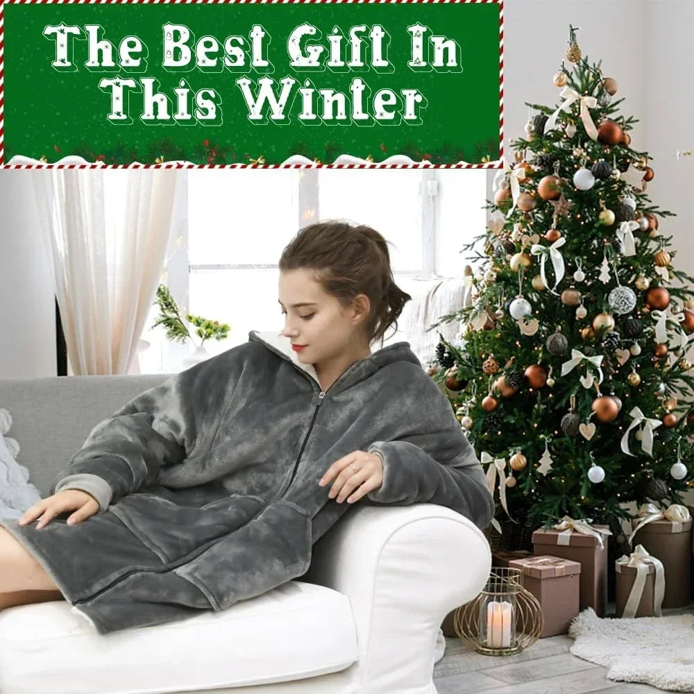 Unisex Fleece Hoodie Sweatshirt Blanket With Front Zipper And Deep Pockets In An Oversized Wearable Design