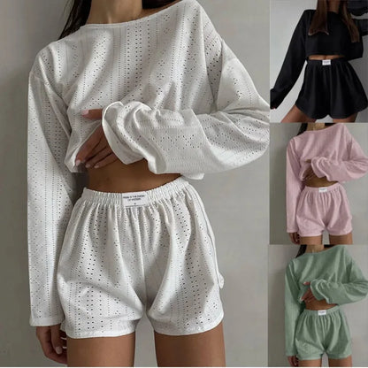 Soft Two-Piece Pajama Set with Long Sleeve Top and Shorts for Women