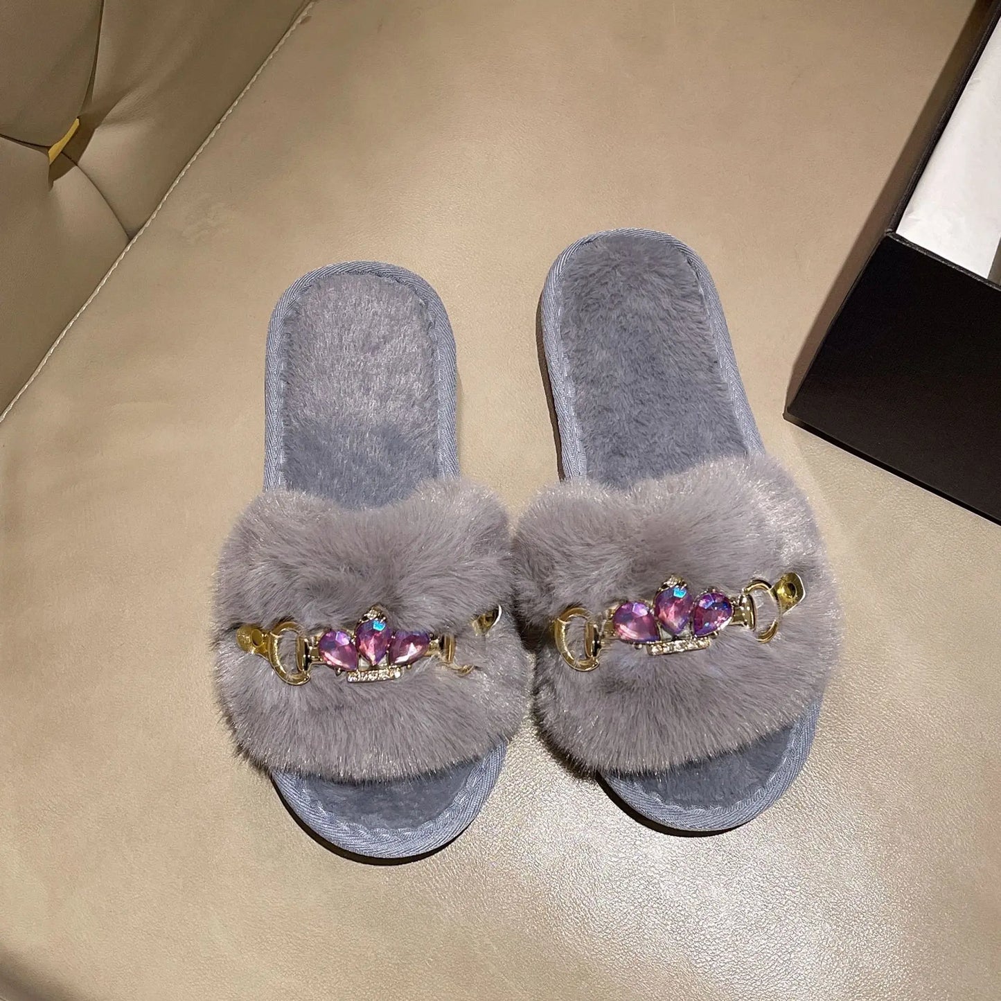 Embellished Crystal Chain Slippers with Winter Warmth Anti Slip Grip