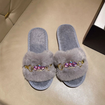 Embellished Crystal Chain Slippers with Winter Warmth Anti Slip Grip