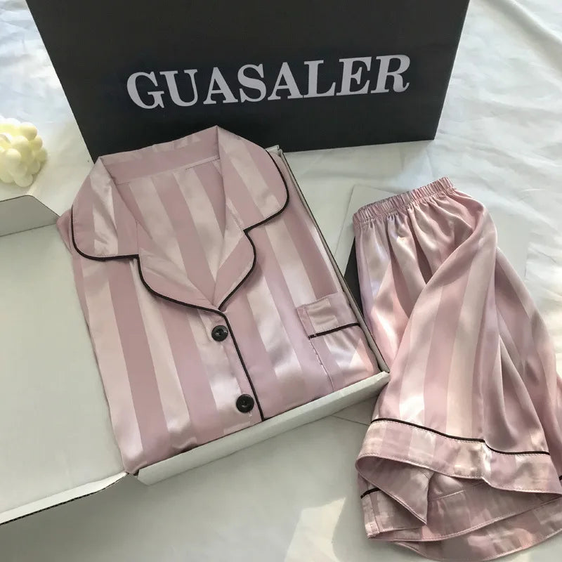Soft Lounge Set Satin Striped with Button Up Shirt and Pants for Women