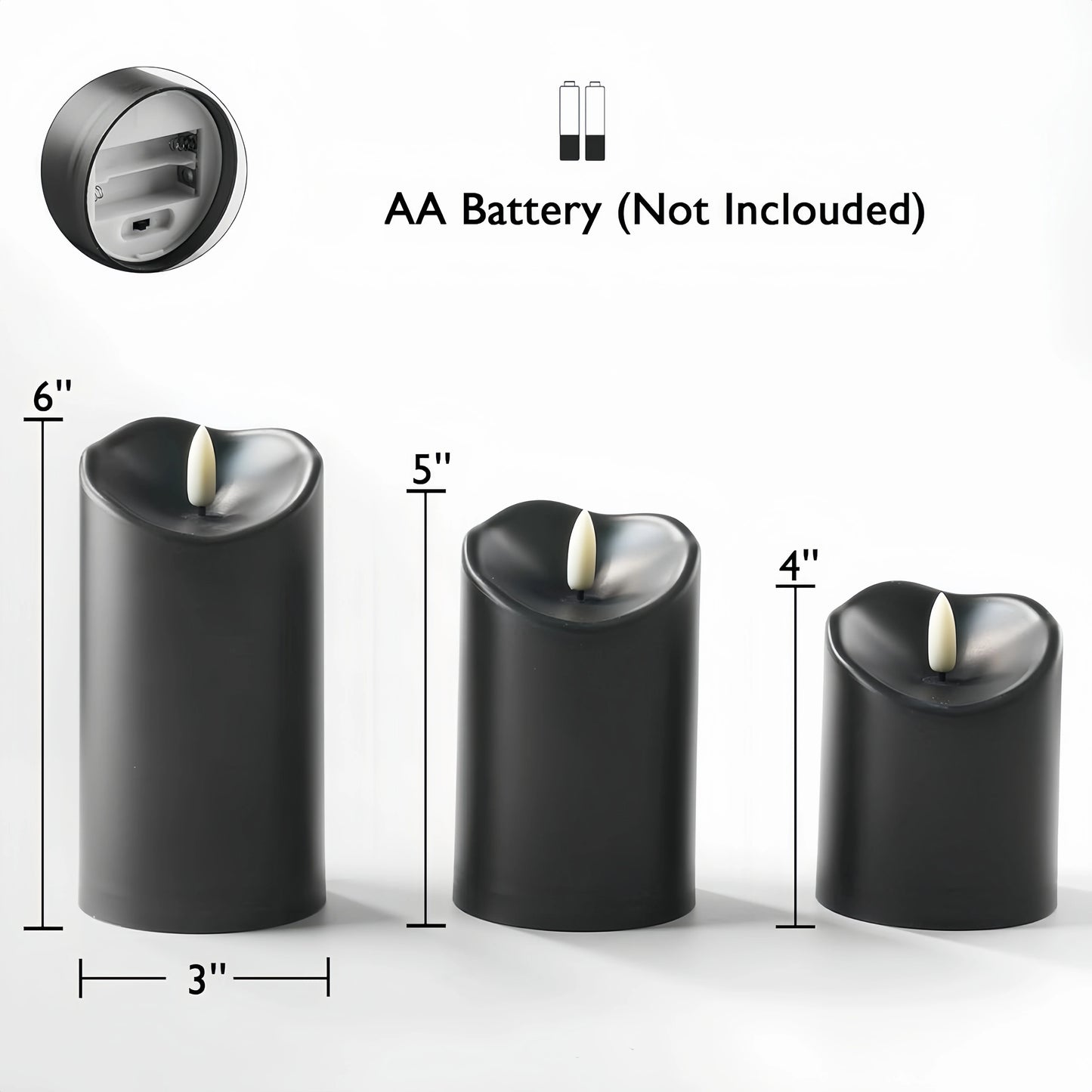 Black 3D Wick Flameless LED Pillar Candles with Remote and Timer