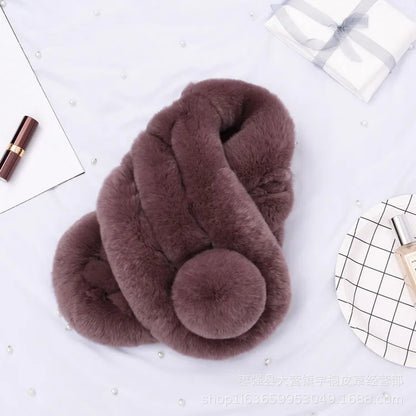 Plum rabbit fur short scarf, featuring a thick triple-tube style and a round pom pom detail.