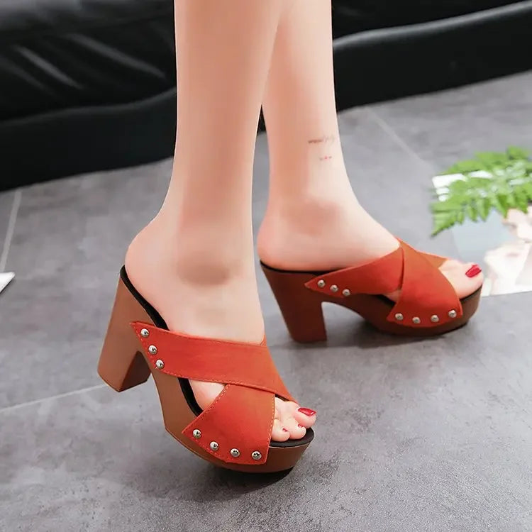 Orange flock peep toe platform sandals with silver rivets and cushioned PU insole for casual wear.