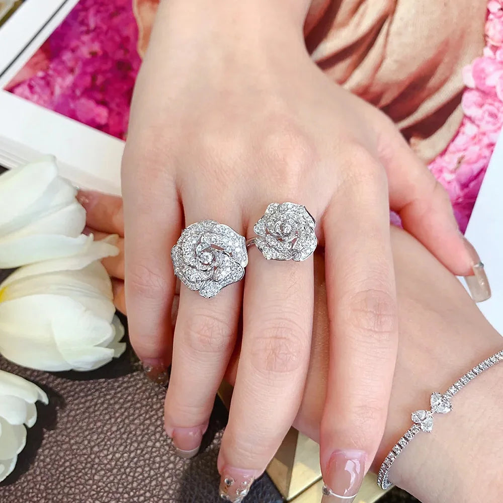 Lab-Grown Ring with Emerald-Cut Diamond Flower Core in Sterling Silver