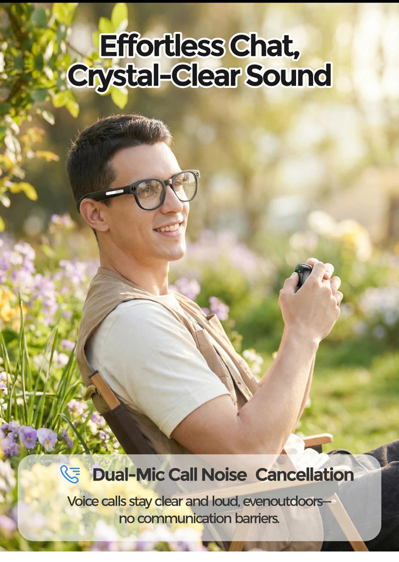 Black lightweight smart wearables glasses with 8MP camera and built-in translation for outdoor travel communication.