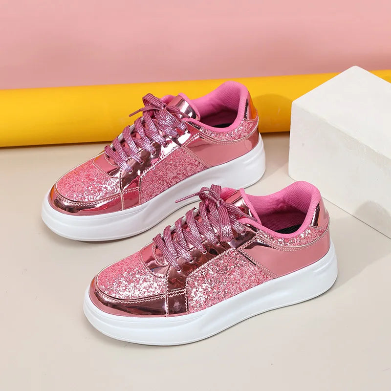 Pink sequin and metallic casual lace-up sneakers with thick white soles.
