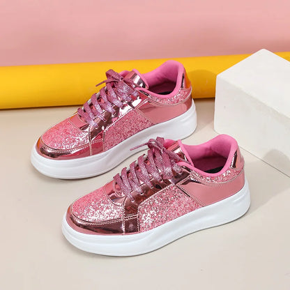 Pink sequin and metallic casual lace-up sneakers with thick white soles.