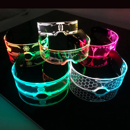 LED festival glasses novelty item with illuminated futuristic frames and crystal bead details