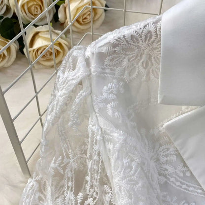 Designer Runway Lace Blazer Dress – Luxury Embroidered Long Gown for Elegant Evenings