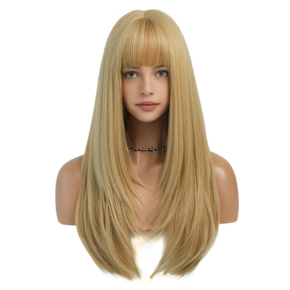 Blonde Long Straight Hair Wig Women Wig with Bangs Heat Resistant Synthetic Wig Halloween Cosplay Daily Natural Fake Hair