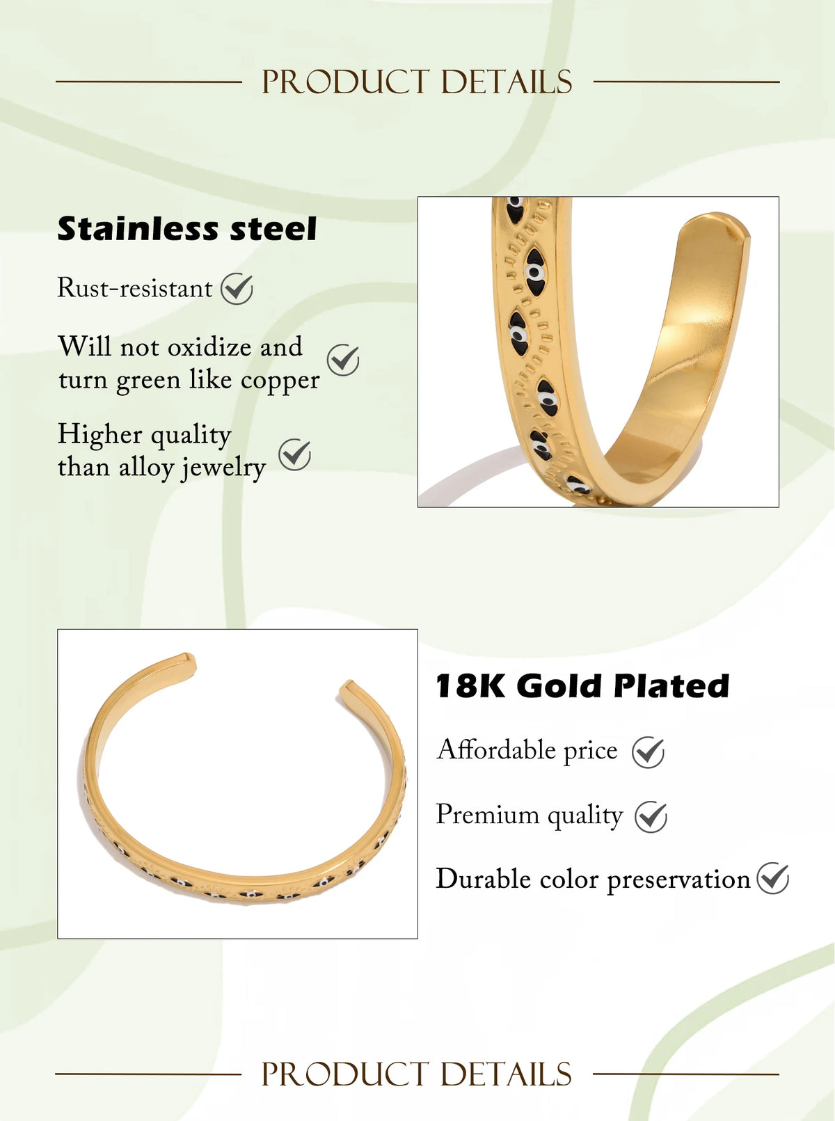 Women’s stainless steel cuff bracelet with an evil eye motif