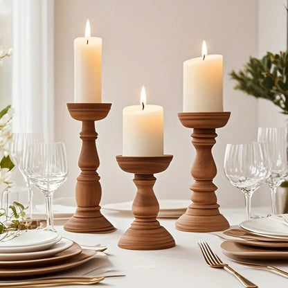 Wooden pillar candle holders trio table centerpiece set with lit white candles