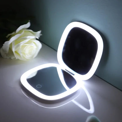 USB Rechargeable Folding Portable LED Makeup Mirror Touch Screen Dimming Handheld With 10X Magnifying Travel Cosmetic Mirrors