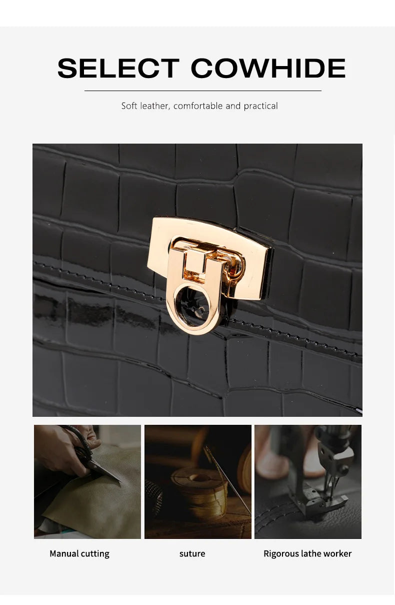 Black lacquer cowhide handbag with crocodile pattern and gold clasp, featuring manual cutting and sewing steps.
