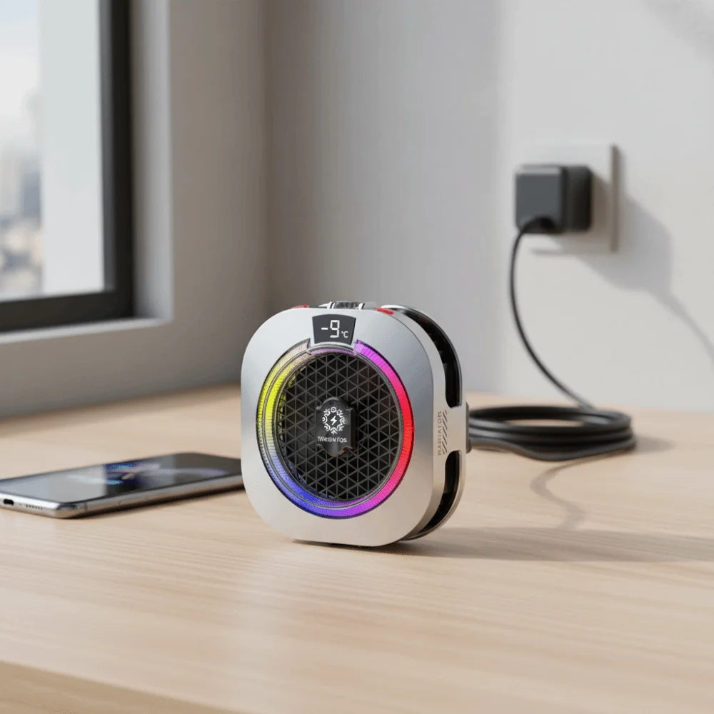 Silver mobile phone cooler with RGB LED lights, AI temperature display, and high-power fan for gaming.