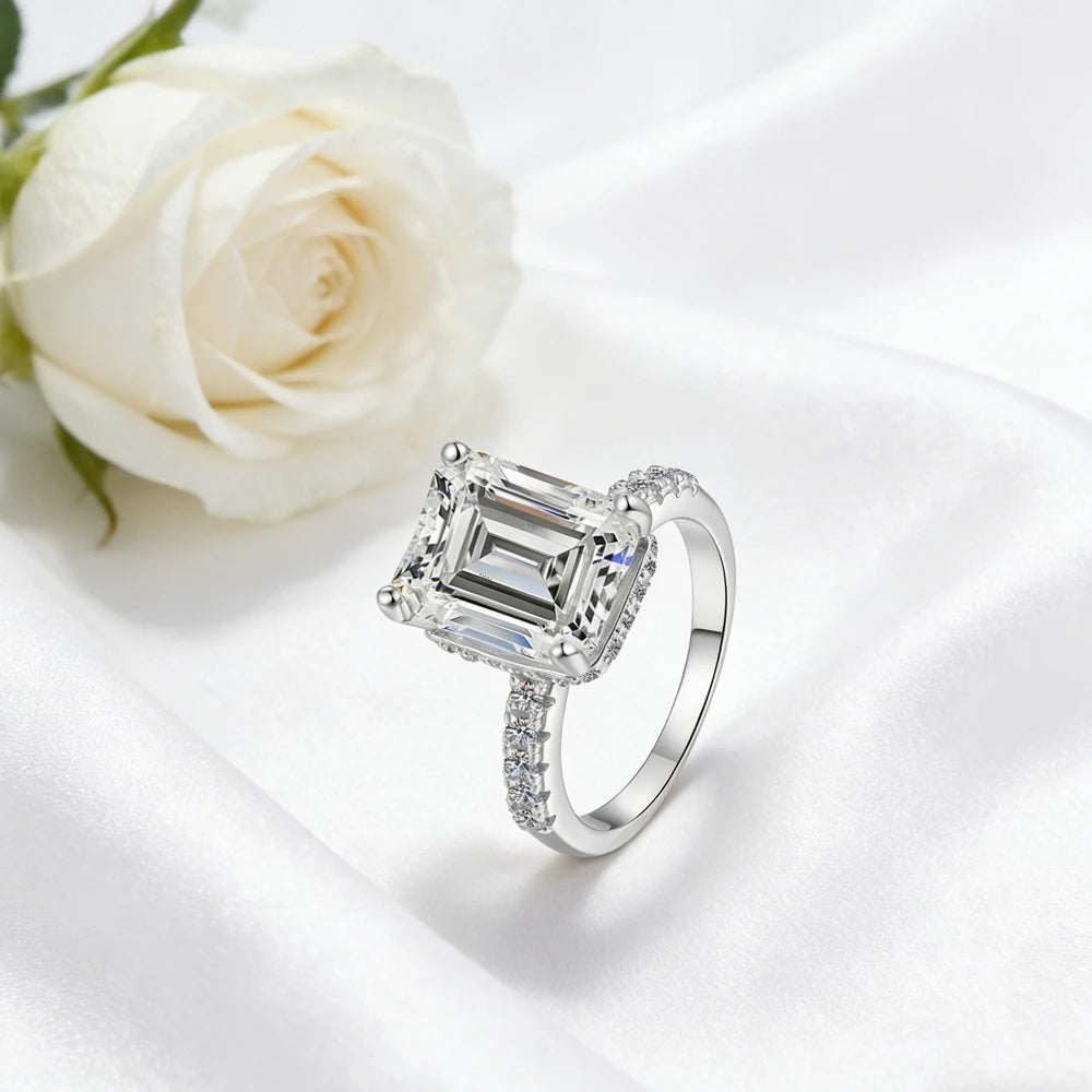 Radiant Ring Moissanite with Emerald Cut in Sterling Silver