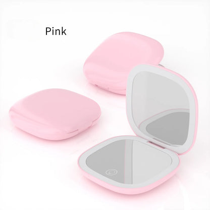Portable Makeup Mirror with LED Fill Light Pocket Handheld Round Folding USB Charging Adjustable Hairdressing Tri Color Light
