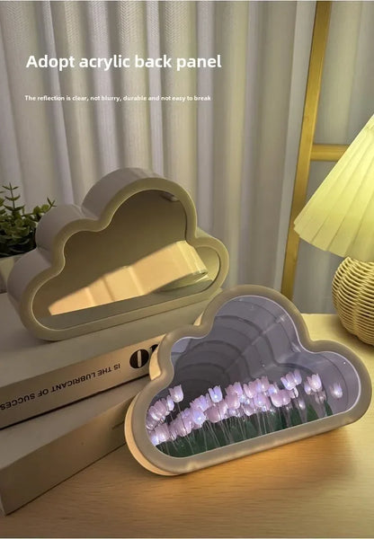 Cloud-shaped glass desk lamp with pink tulip motif and LED lights for cozy bedroom decor.