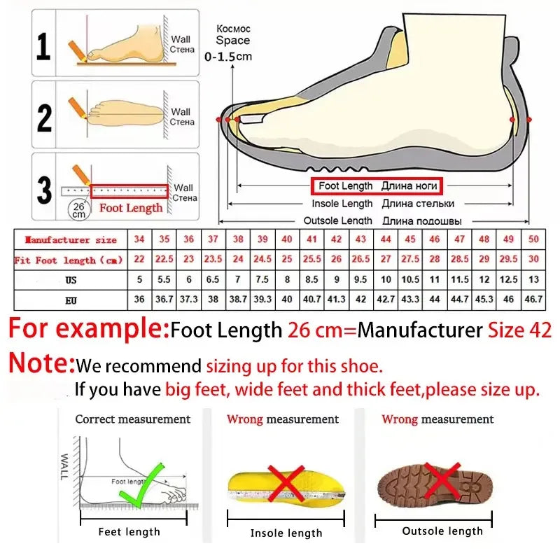 Size chart diagram showing foot length measurement steps for these breathable canvas training shoes for an accurate fit.