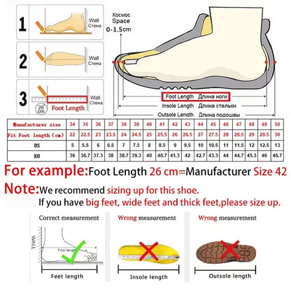 Size chart diagram showing foot length measurement steps for these breathable canvas training shoes for an accurate fit.