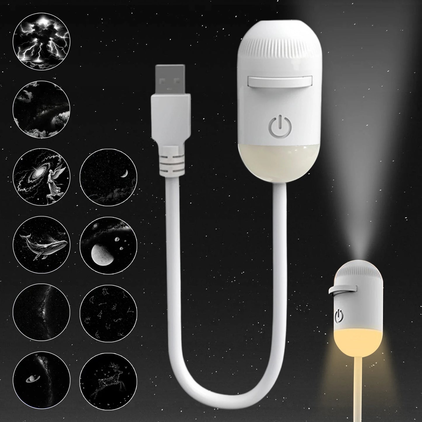 White USB-powered LED galaxy projector with adjustable focus for ceiling nebula displays in a bedroom.