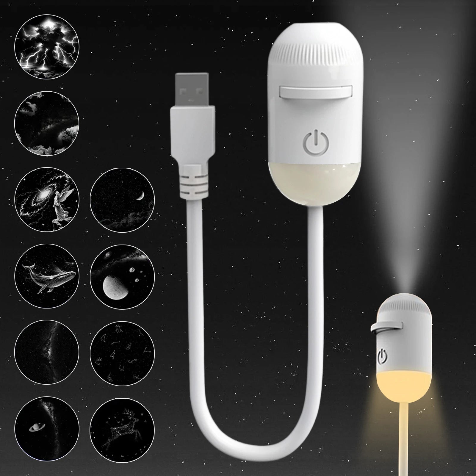 White USB-powered LED galaxy projector with adjustable focus for ceiling nebula displays in a bedroom.
