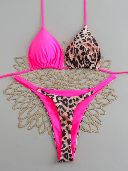 Women's Triangle Lace-Up Bikini Set with Adjustable Straps and Thong Bottom